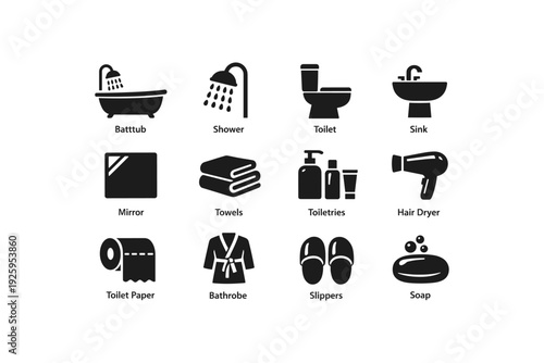 Bathroom silhouette icons: bathtub, shower, toilet, sink, mirror, towels, toiletries, hair dryer