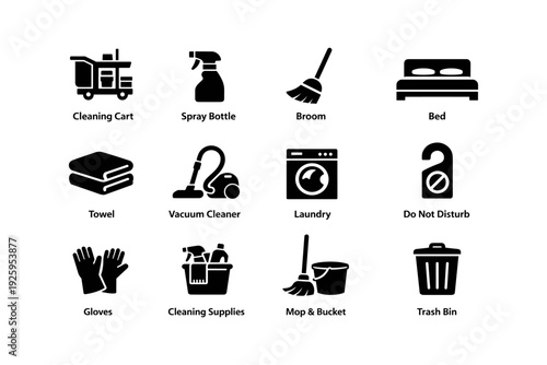 Cleaning and household icons: broom, vacuum, bed, laundry, trash bin