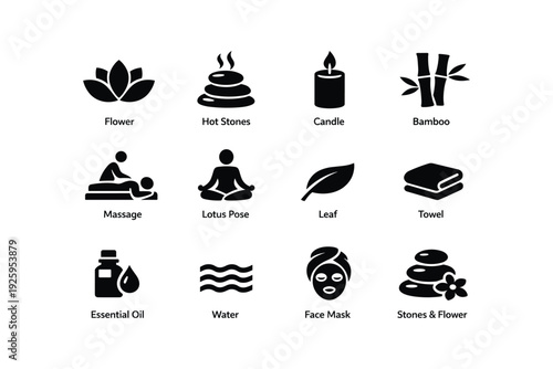 Spa icon set: flower, hot stones, candle, bamboo, massage, lotus, leaf, towel, essential oil, water, face mask