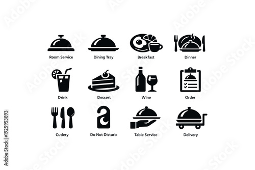 Hotel service icons: room service, dining tray, breakfast, dinner, drink, dessert, wine, order
