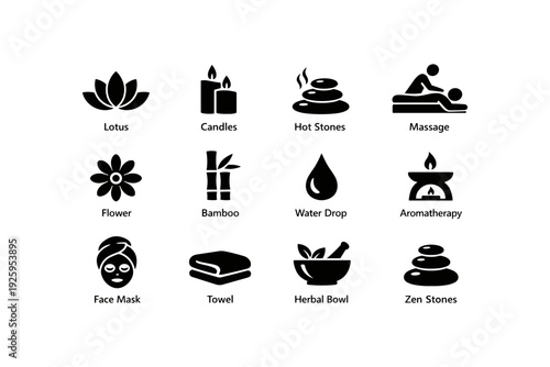 Spa icons: lotus, candles, hot stones, massage, aromatherapy, face mask, zen stones