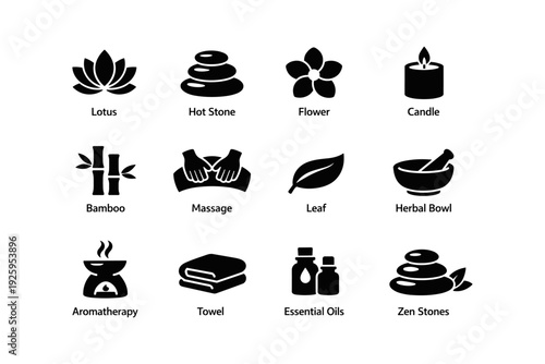 Relaxation and spa symbols: lotus, hot stone, flower, candle, bamboo, massage