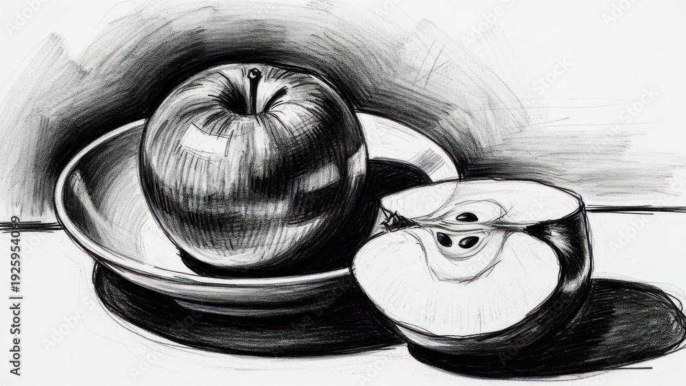 Fototapeta premium Monochrome apple still life detailed drawing of fruit and dish