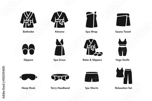 Collection of spa and relaxation clothing icons including robe, kimono, slippers, and more