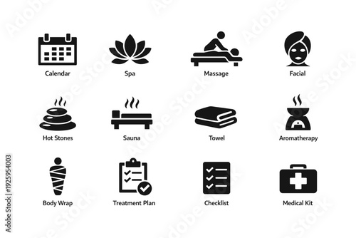 Spa and wellness icons: massage, sauna, facial, aromatherapy, medical kit