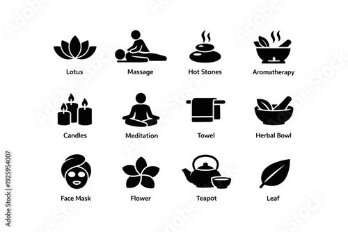 Spa and wellness icons: massage, meditation, aromatherapy, and more