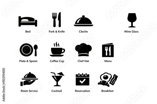 Hotel and dining icons: bed, cutlery, cloche, wine glass, coffee, chef hat