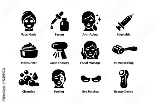 Skincare treatment icons: face mask, serum, anti-aging, injectable, laser therapy, peeling