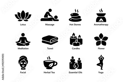Spa and wellness icons: lotus, massage, hot stones, aromatherapy, meditation, yoga, relaxation