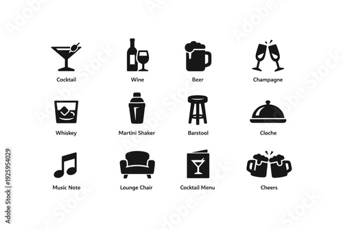 Icons set: wine, beer, champagne, martini shaker, lounge chair