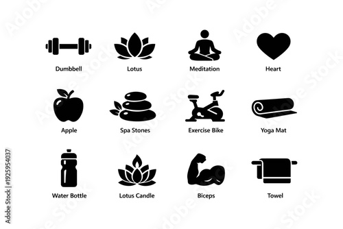 Fitness and wellness icons: dumbbell, lotus, meditation, heart, yoga mat, exercise bike, spa stones