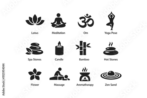 Relaxation symbols: meditation, yoga, spa, aromatherapy icons for wellness