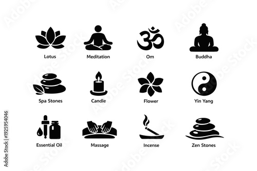 Wellness and spiritual icons: meditation, buddha, spa stones, yin yang, essential oil