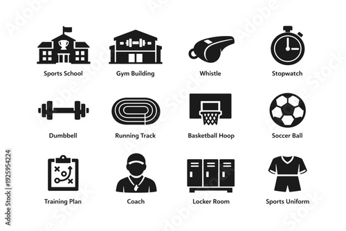 Sports icons set: school, gym, equipment, and more