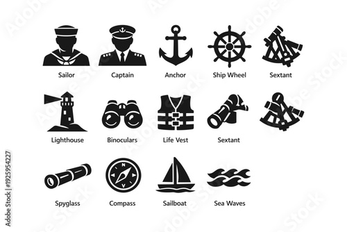 Nautical symbols collection: sailor, captain, anchor, ship wheel, sextant