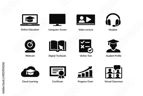 Online education icons set with computer, headset, test, and virtual classroom elements