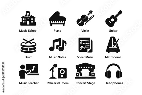 Music school icons: instruments, notes, and equipment symbols