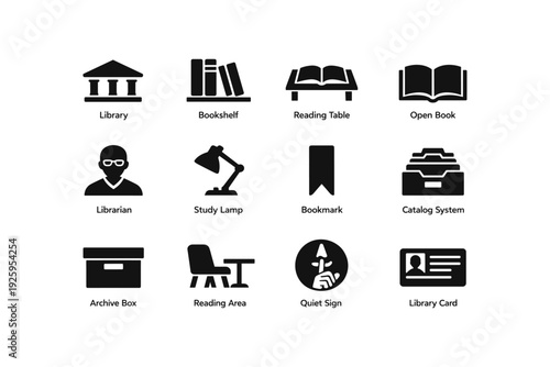 Library icons set: bookshelf, reading table, librarian, study lamp, archive box