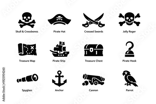Pirate symbols: skull, hat, swords, map, ship, chest, hook, spyglass, anchor, cannon, parrot