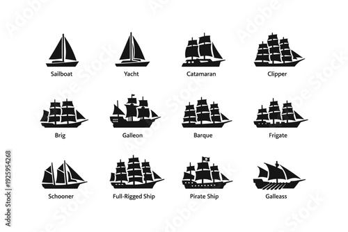 Sailing ship silhouette collection: sailboat, yacht, catamaran, clipper, brig, galleon, barque, frigate