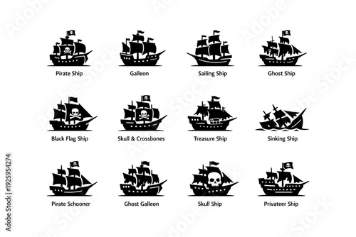 Pirate and sailing ship silhouettes: galleon, ghost, skull, treasure, sinking, privateer