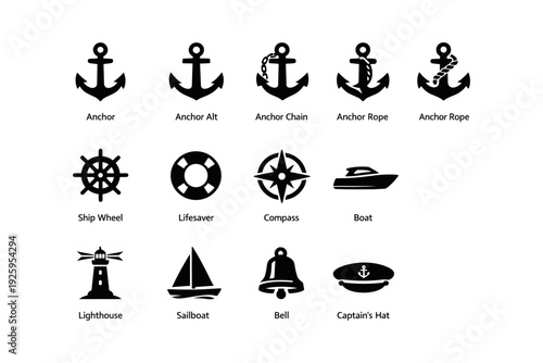 Nautical icons collection featuring anchors, wheel, compass, and sailboat