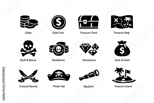 Pirate icons collection featuring coins, map, chest, skull, doubloons, gems, and spyglass