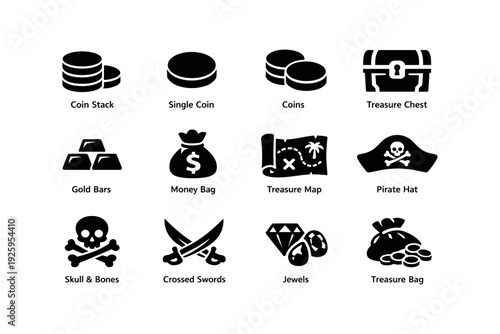 Pirate icons: coins, treasure chest, gold bars, skull and bones, pirate hat, map, jewels