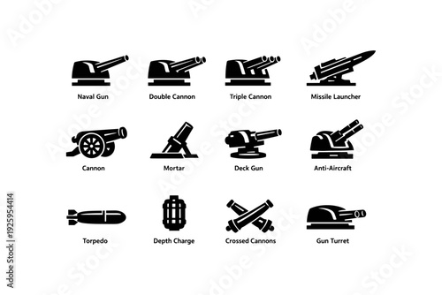 Silhouette icons of naval and artillery weapons