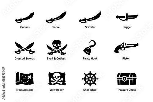 Pirate symbols collection: cutlass, skull, hook, pistol, treasure chest