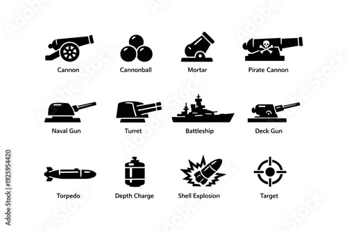 Black silhouette icons of various naval artillery and weapons