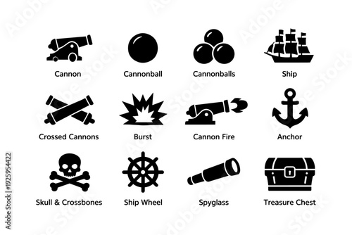 Pirate icons set: cannon, ship, anchor, skull, treasure, spyglass