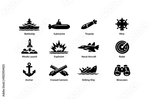 Nautical warfare icons: battleship, submarine, torpedo, mine, missile launch, explosion, naval aircraft, radar, anchor, crossed cannons, sinking ship, binoculars