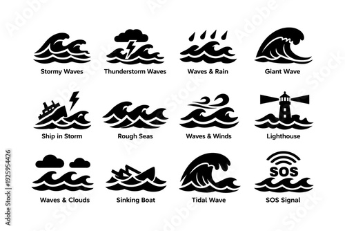 Black icons of waves, storms, ships, and lighthouse in various ocean scenes