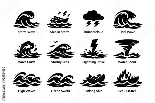 Set of storm and sea disaster icons illustrating ocean hazards and weather events