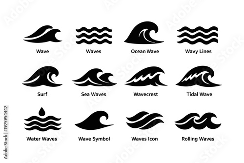 Collection of wave symbols and icons featuring ocean and sea designs