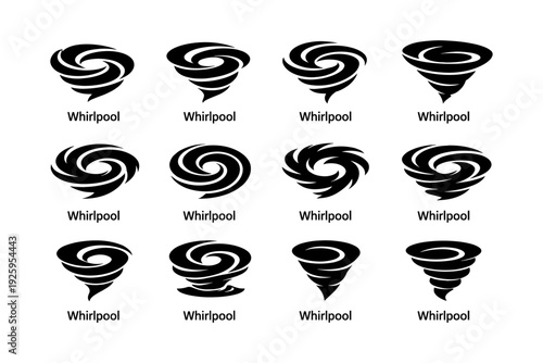 Collection of twelve black whirlpool spiral icons in varying designs