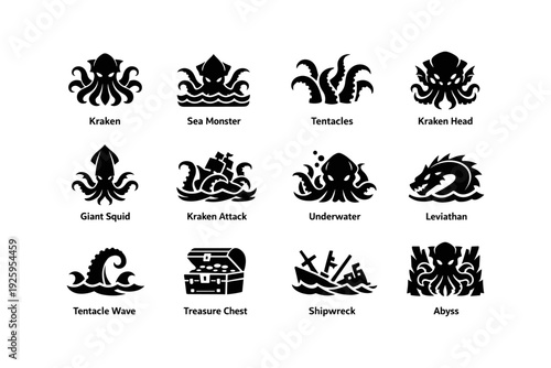 Collection of sea monster silhouettes featuring kraken and leviathan icons