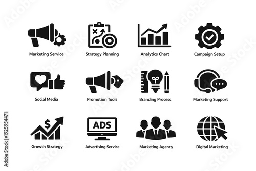 Digital marketing icons for strategy and promotion services