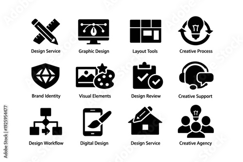 Icons representing design services and creative tools for branding and graphics
