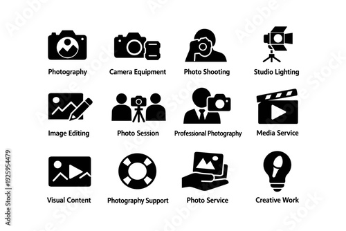 Photography icons set: camera, lighting, editing, and media services