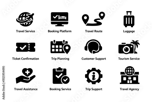 Travel service icons set including booking, route, luggage, and support elements
