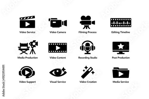 Media production icon set: video, editing, recording, camera, studio tools