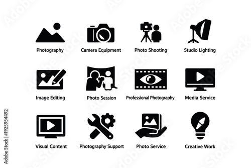 Photography icons: camera, lighting, editing, and media services