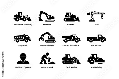 Construction equipment icons: excavator, bulldozer, crane, dump truck, heavy machinery
