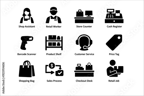 Retail icons collection: shop assistant, checkout desk, sales process, customer service, price tag