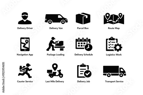 Delivery and logistics icons set featuring driver van parcel and more