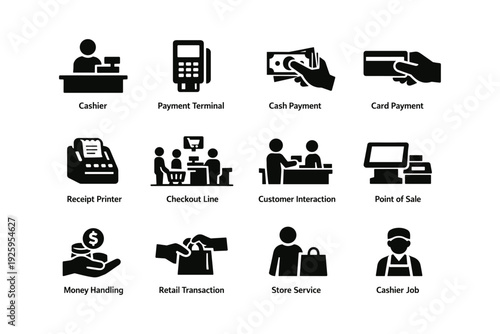 Retail icons set depicting cashier, payment methods, customer interaction, and store services