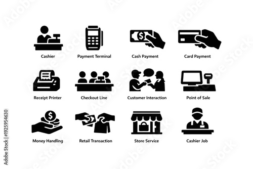Checkout icons set: cashier, payment terminal, card payment, retail concepts