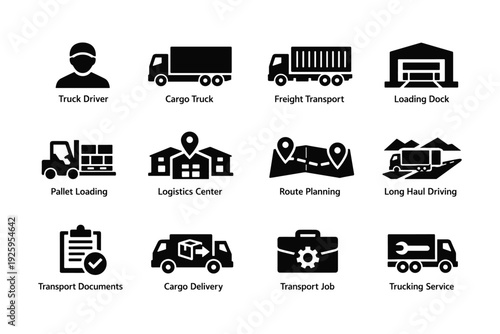 Logistics icons: truck, cargo, freight, loading, delivery symbols for transport jobs